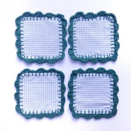 Vintage Fabric Blue Gingham And Crochet Coasters..