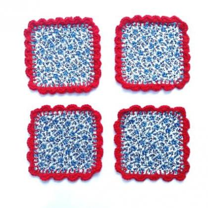 Vintage Floral Fabric And Crochet Coasters (set Of..
