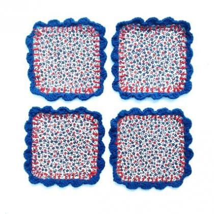 Homespun Fabric And Crochet Coasters (set Of 4)..