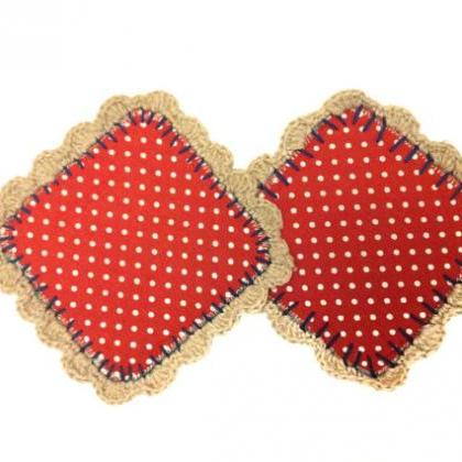 Red Polka Dot Fabric And Crochet Coasters (set Of..