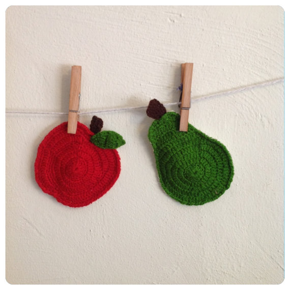 Knitted Apple & Pear Coasters Vintage Style Knitted Mugrugs ( Set Of Two ) Retro