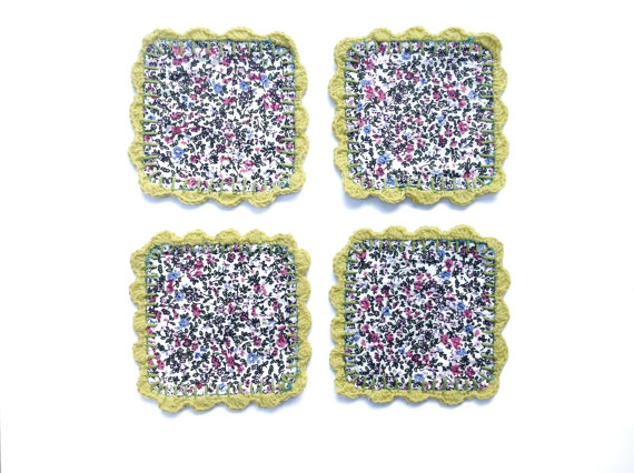 Vintage Granny Fabric Tint Flowers And Crochet Coasters (set Of 4) Mug Rugs - Soft Green