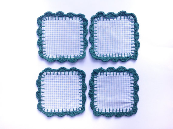 Vintage Fabric Blue Gingham And Crochet Coasters (set Of 4) Mug Rugs - Coffee Time