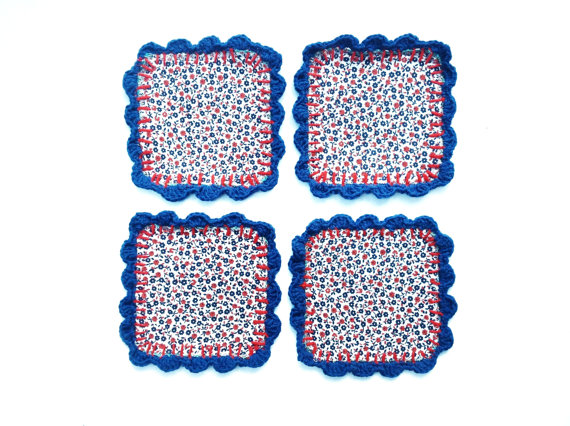 Homespun Fabric And Crochet Coasters (set Of 4) Mug Rug - Coffee Table Savers Gift For Coffee / Tea Lovers