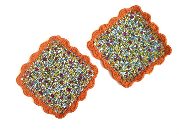 Granny Fabric And Crochet Coasters Orange (set Of 2) Mug Rugs - Coffee Table Savers Gift For Coffee / Tea Lovers