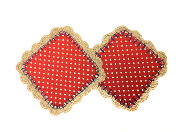 Red Polka Dot Fabric And Crochet Coasters (set Of 2) Mug Rugs - Coffee Table Savers Gift For Coffee / Tea Lovers
