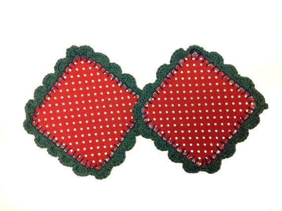 Red Polka Dot Fabric And Crochet Coasters (set Of 2) Mug Rugs - Coffee Table Savers Gift For Coffee / Tea Lovers