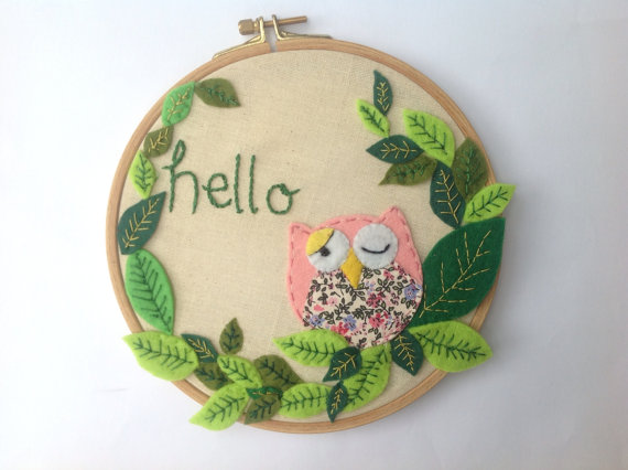 Felt Pink Owl In Wooden Frame Nursery Decor, Embroidery Hoop Art