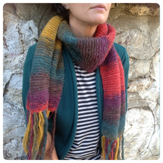 Rainbow Scarf, Autumn Fashion Wrap, Crochet Scarf, Vintage Clothing Style Nomad